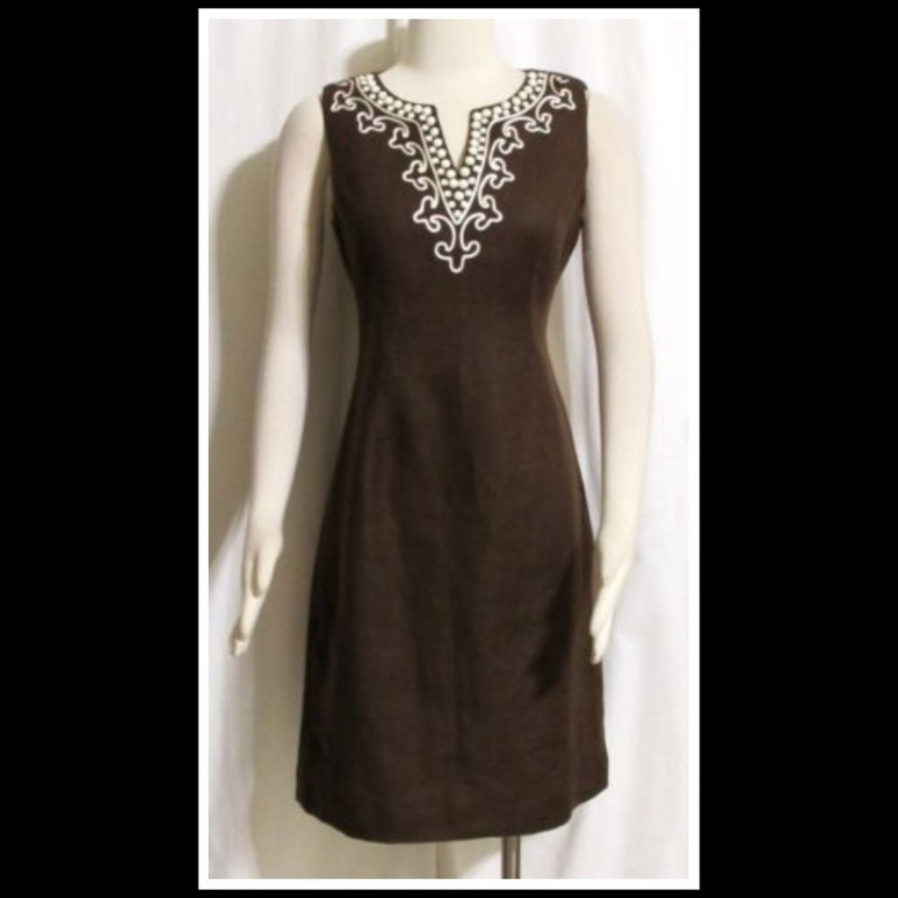 LADIES TALBOTS BROWN LINEN BEADED SHEATH DRESS Sz 4 ORIG $167